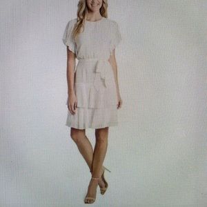 CeCe navy blue flutter sleeve, layered, knife pleated, clipdot dress, size 12